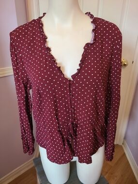 Divided Burgundy Polka Dot Button-Down Ruffle Blouse